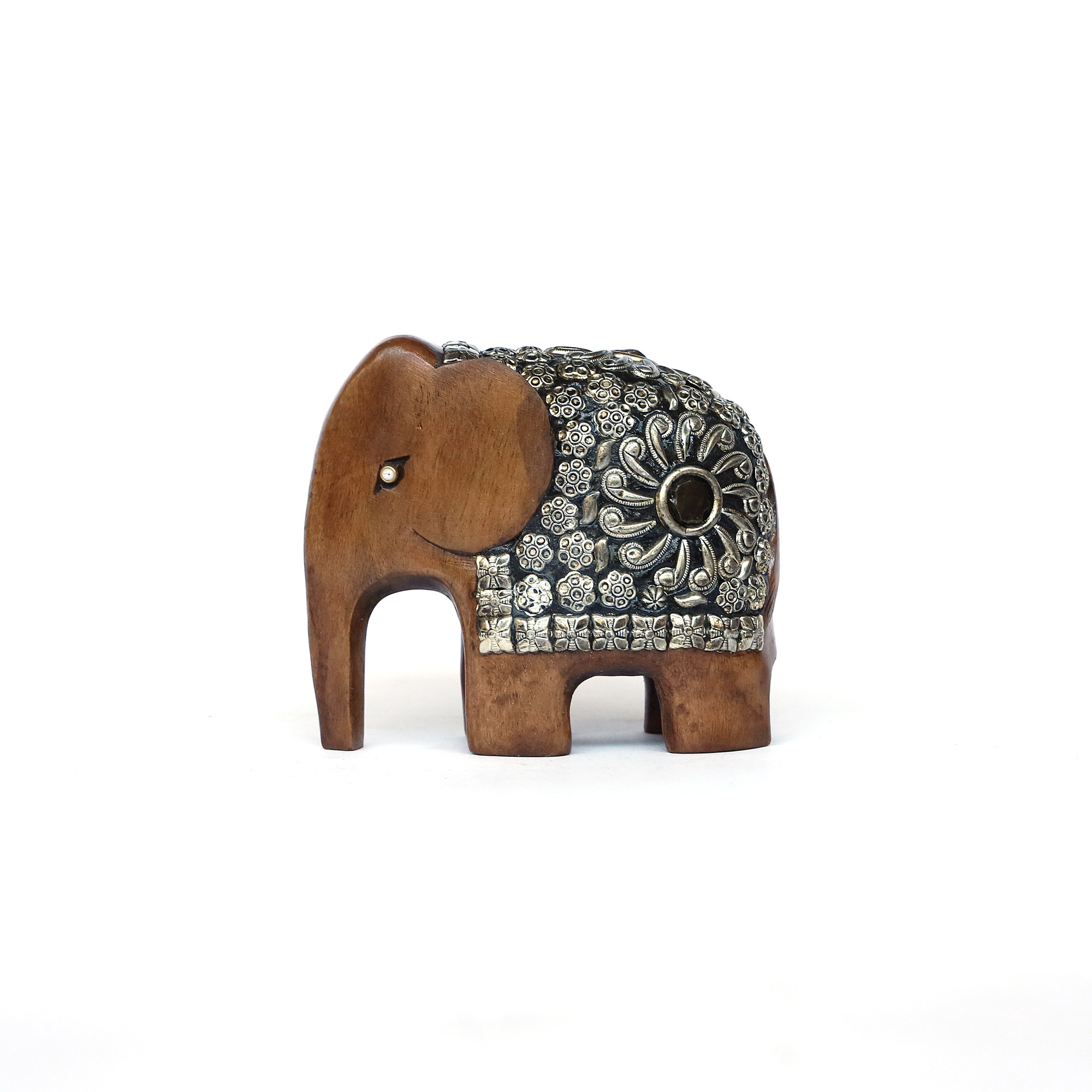 Elefant aus Holz mit Metall- & Steinschmuck, braun, silber, H 10 cm, B 12 cm, T 6 cm von fischer's lagerhaus