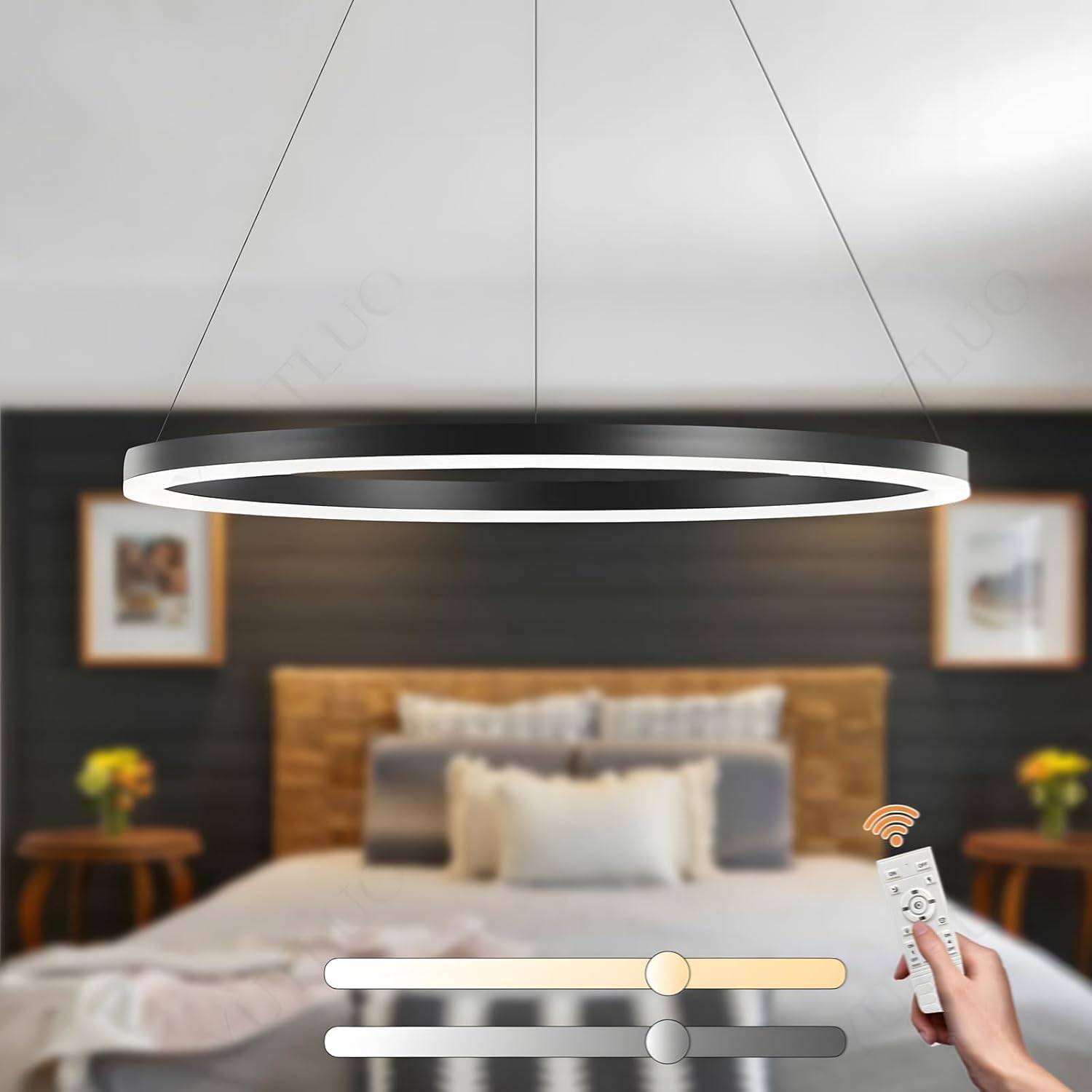 Moderner DIY-Kreis-LED-Kronleuchter | 1 Schwarz Ringe:80cm=35W | LED-Pendelleuchte aus Metall+Acryl | 2,4 G Dimmbare Fernbedienung | Runde Decken-Hängelampe Wohnzimmer Schlafzimmer