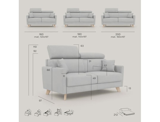 DIVANI.STORE - Canapé lit francy + têtières réglables beige 3 places maxi
