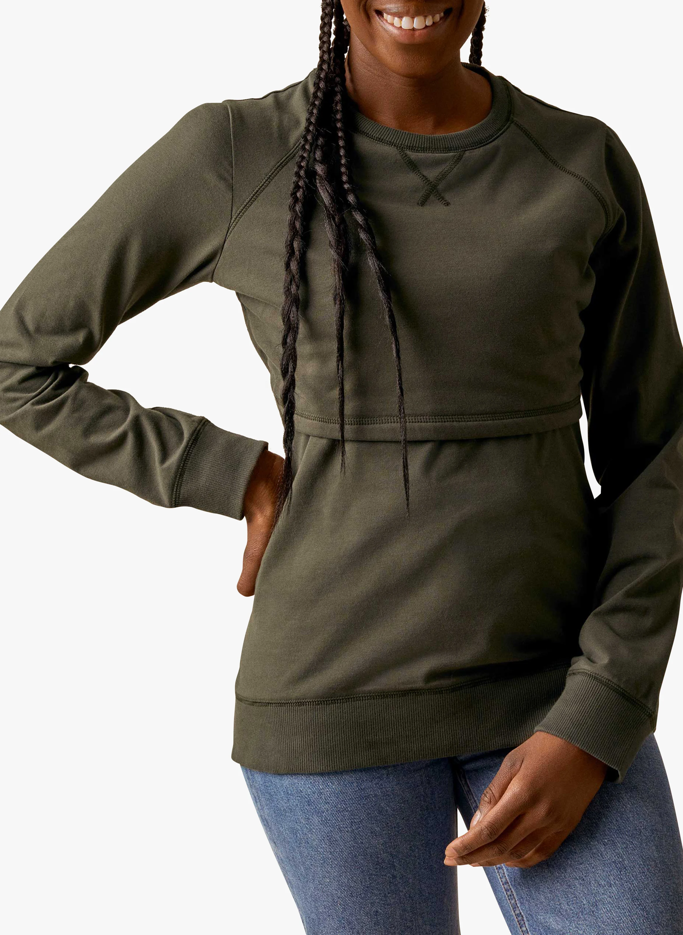 Sweat de grossesse et d'allaitement col rond en coton bio mélangé| Kaki