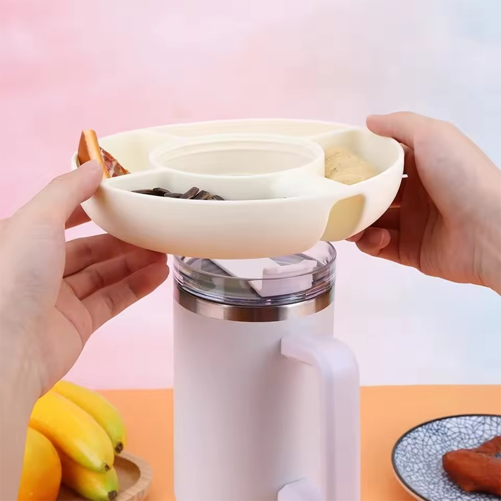 (Ø20x4cm) Silikon Flaschen Snack Teller Süssigkeiten Schale mit Unterteilungen Accessoire für Stanley Cup Thermo Becher - Weiss