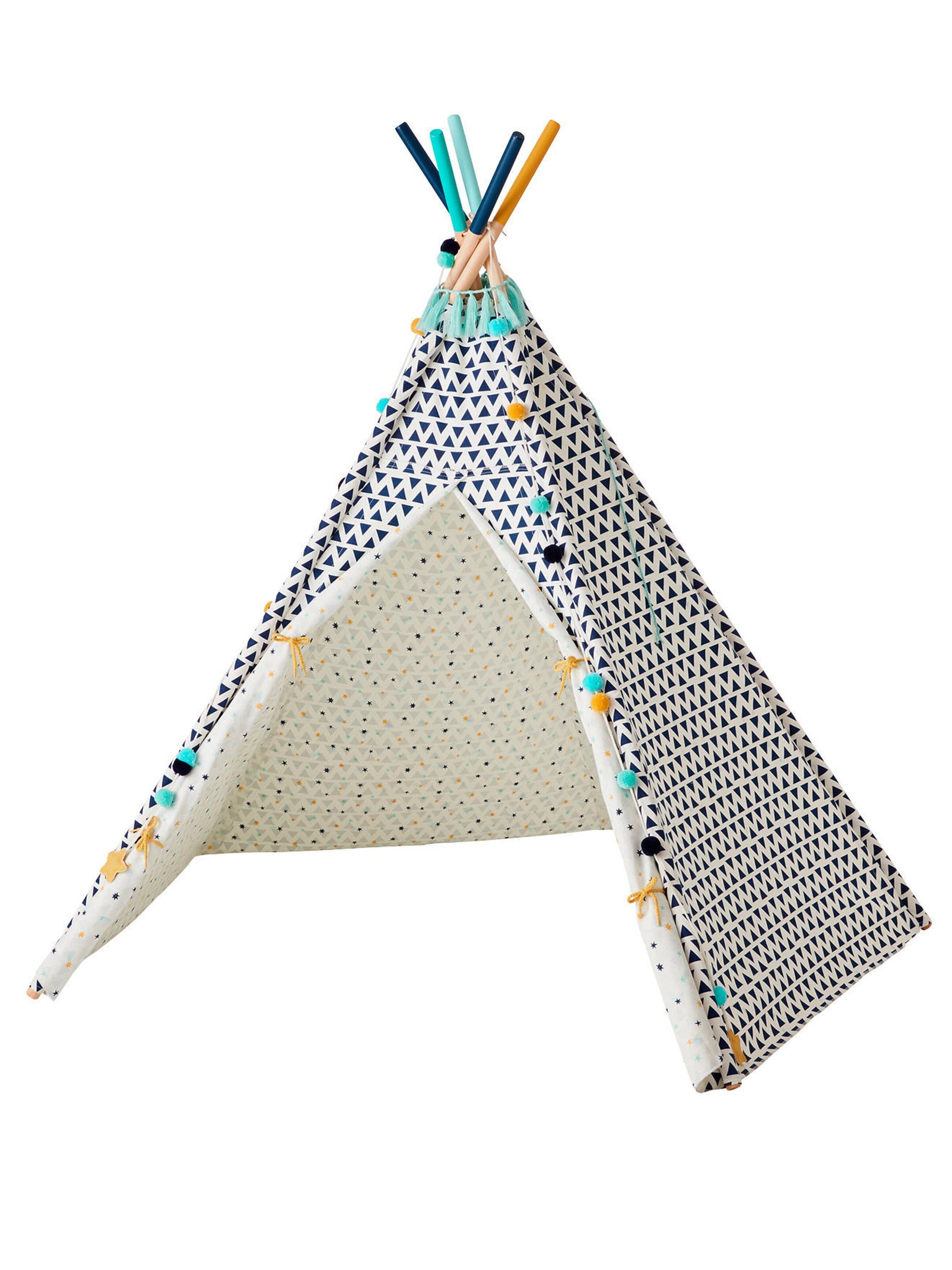 Vertbaudet Kinder Spielzelt SIOUX, wendbares Tipi mit Holzstangen, FSC® weiß/blau bedruckt
