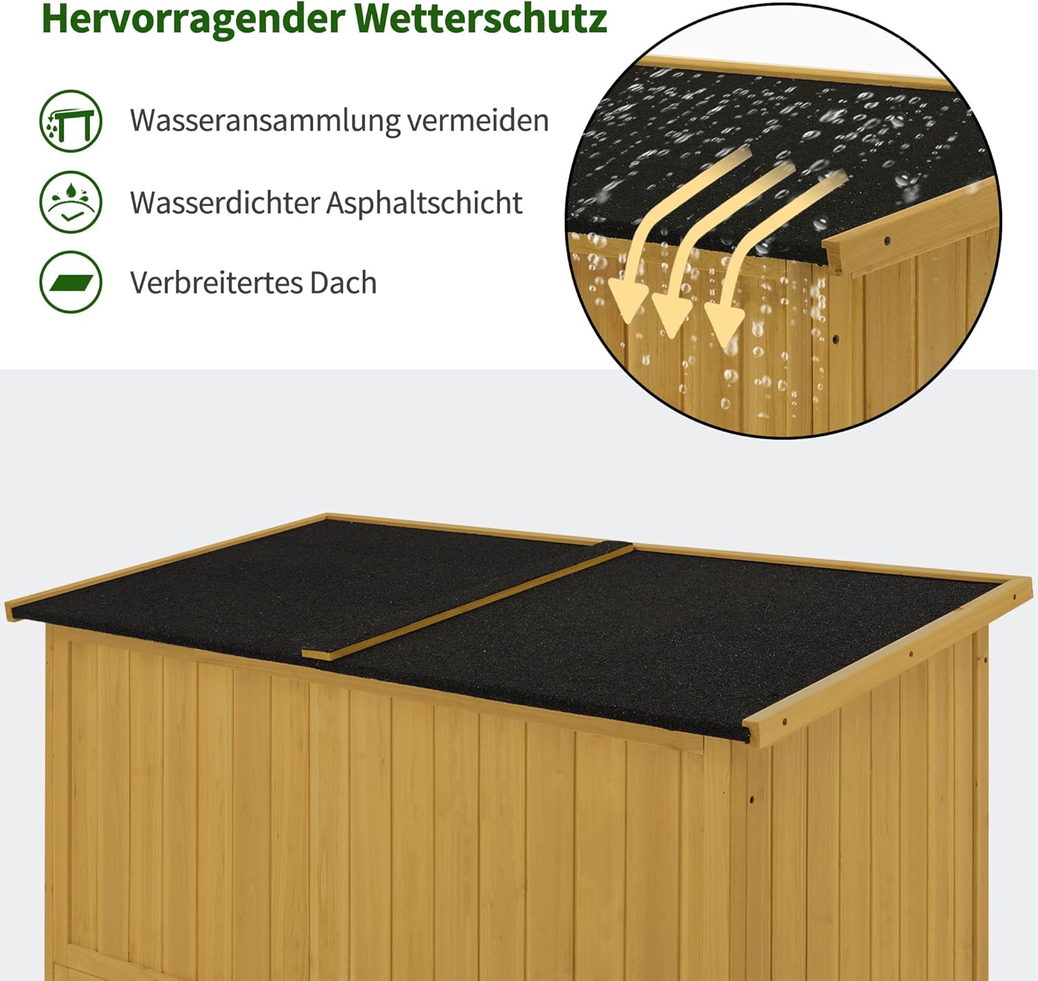 M MCombo Gartenschrank Holz, Gartenhaus Klein Wetterfest, Outdoor Gerätehaus Geräteschuppen, für Außenbereich Balkon Terrasse, 59×127×168 cm, 0901D-F (Natur)