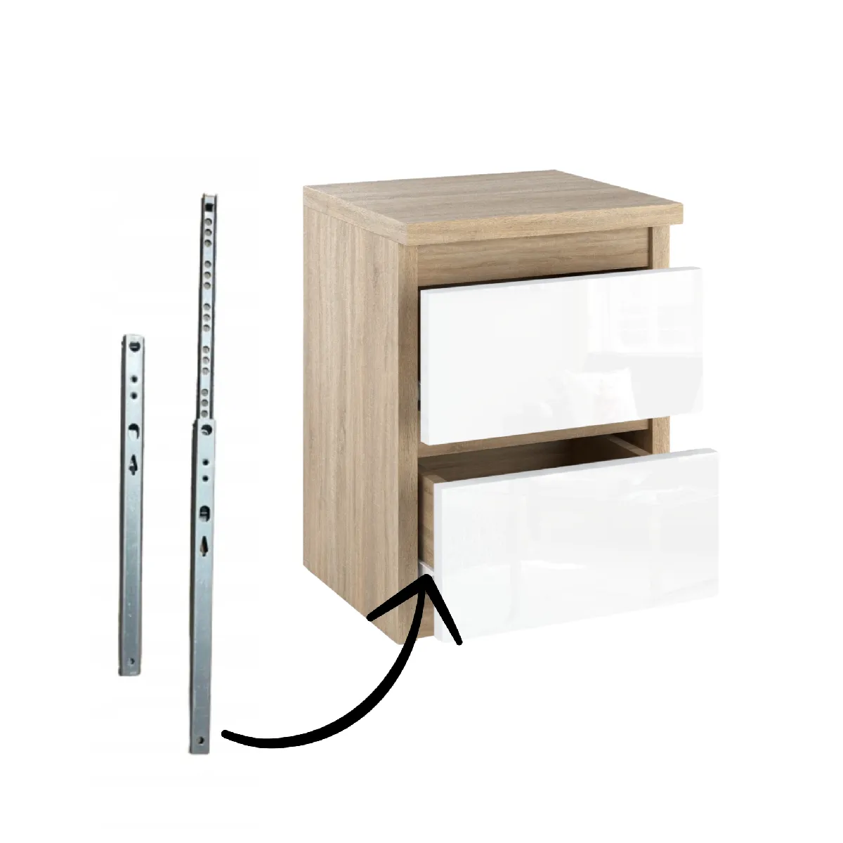 Table de Chevet Sonoma/Blanc Brillant - 2 Tiroirs - 30 cm