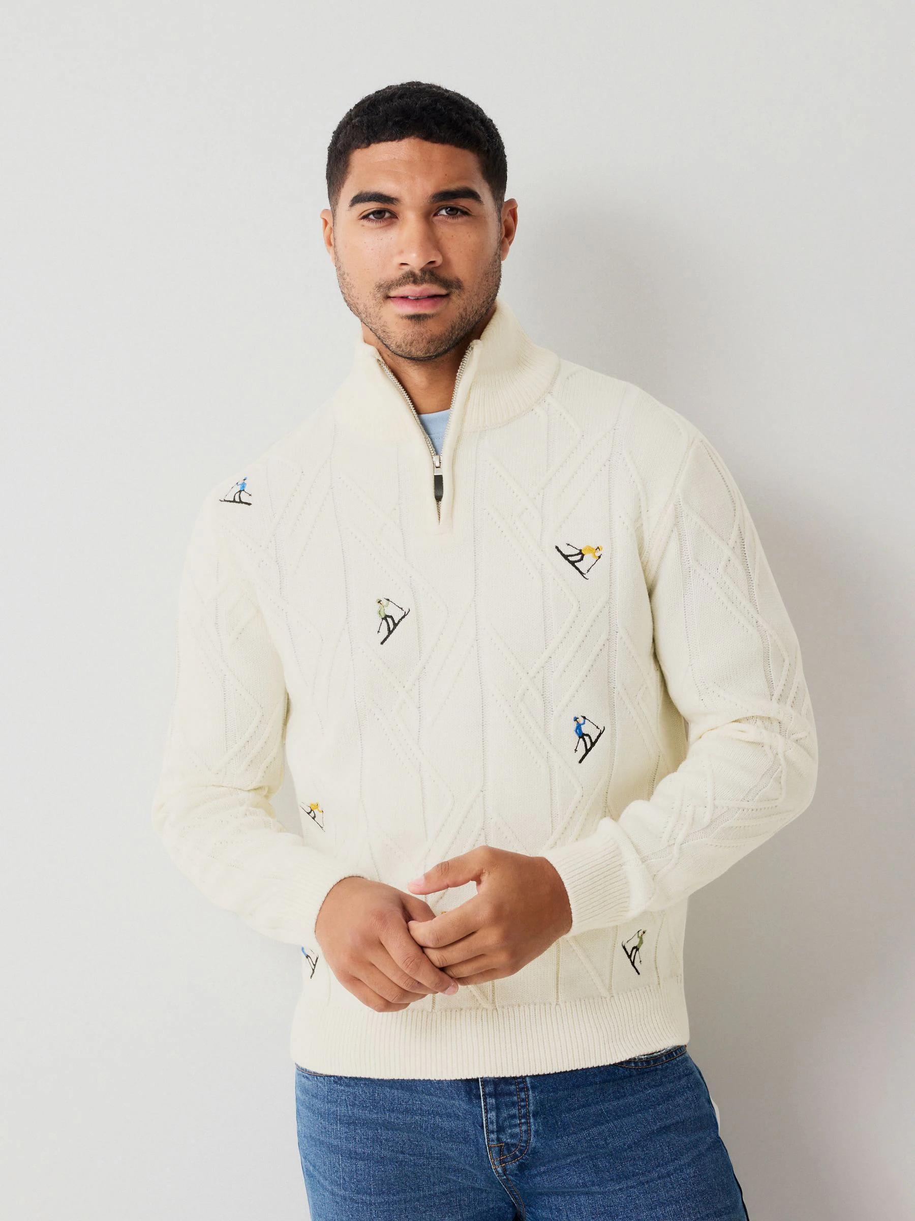 Ecru wit - Regular Fit Christmas Ski Cable Quarter Zip Neck Jumper with Wool