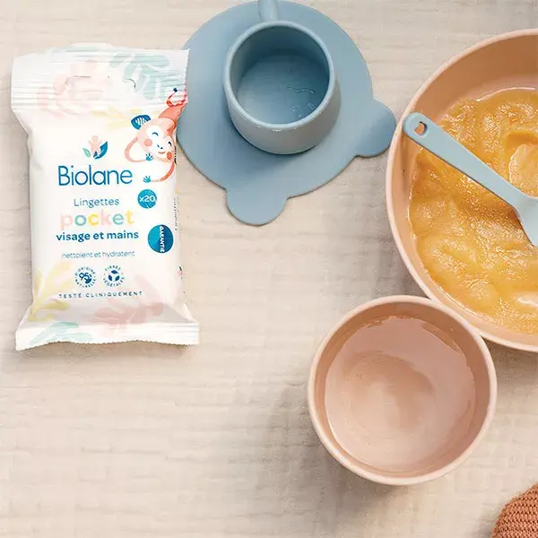 Lenços umedecidos Biolane para rosto e mãos, 20 unidades.