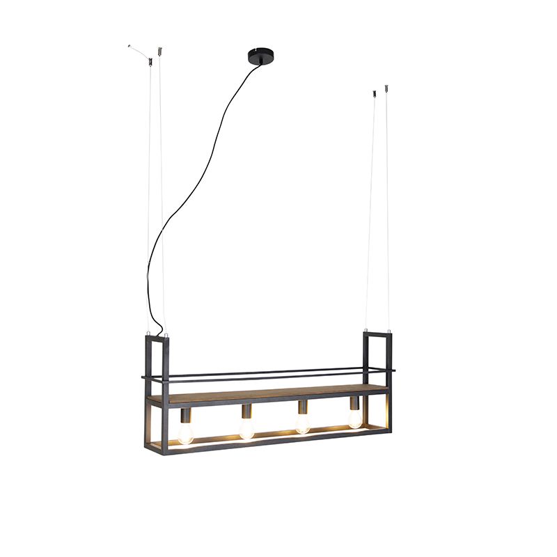 Smart hanglamp zwart met hout en rek 4-lichts incl. Wifi A60 - Cage Rack