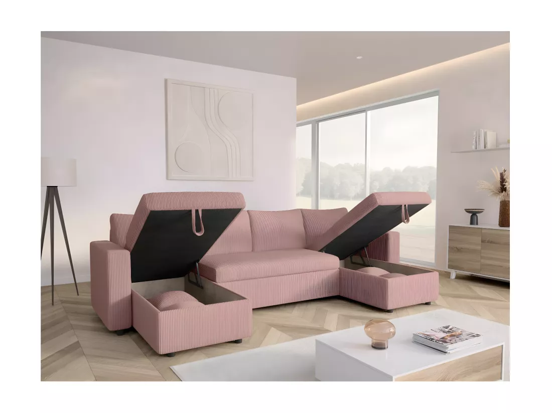 Canapé panoramique 6 places Maria convertible avec 2 coffres en velours côtelé - Rose - L295 x P146 x H81cm - Loungitude