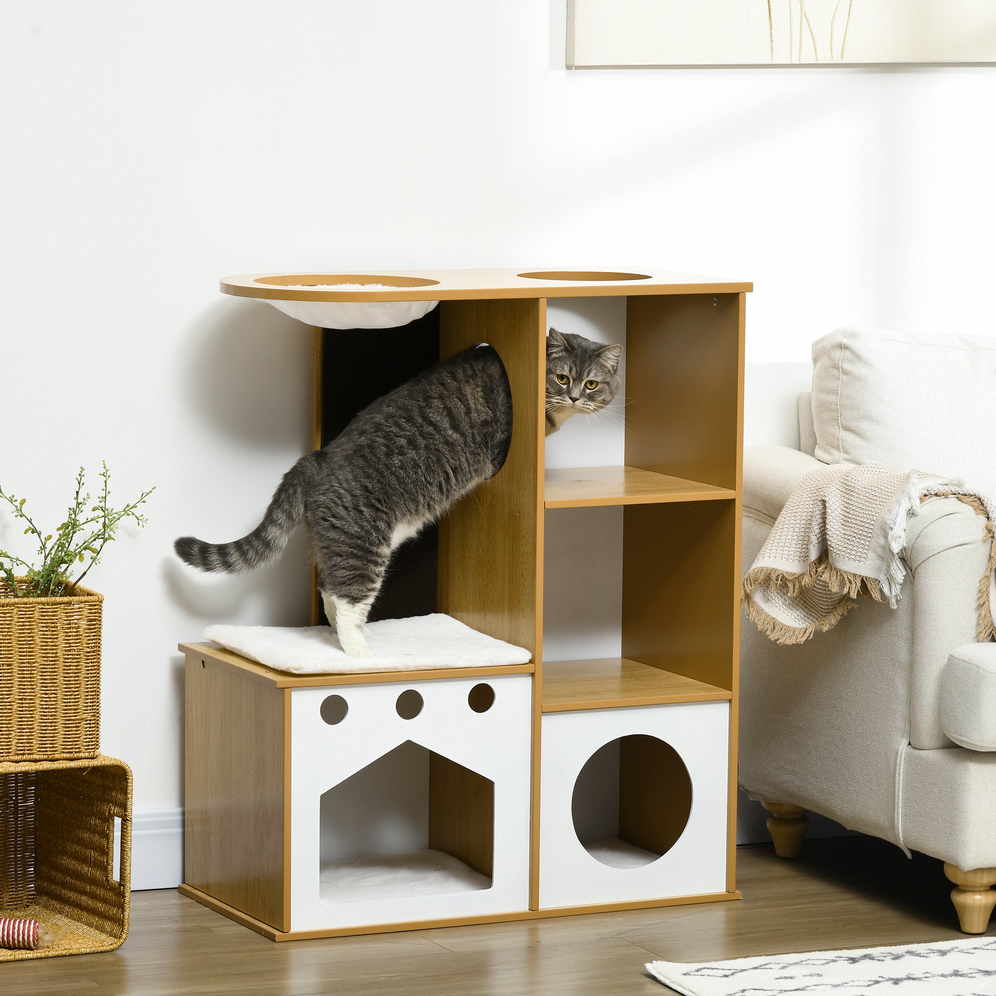 Árvore para Gatos PawHut de Madeira, 92,5 cm, Torre para Gatos de Interior para Gatinhos com 2 Cavernas, Poste para Arranhar, Rede e Almofadas de Pelúcia, 76x37x92,5 cm, Carvalho