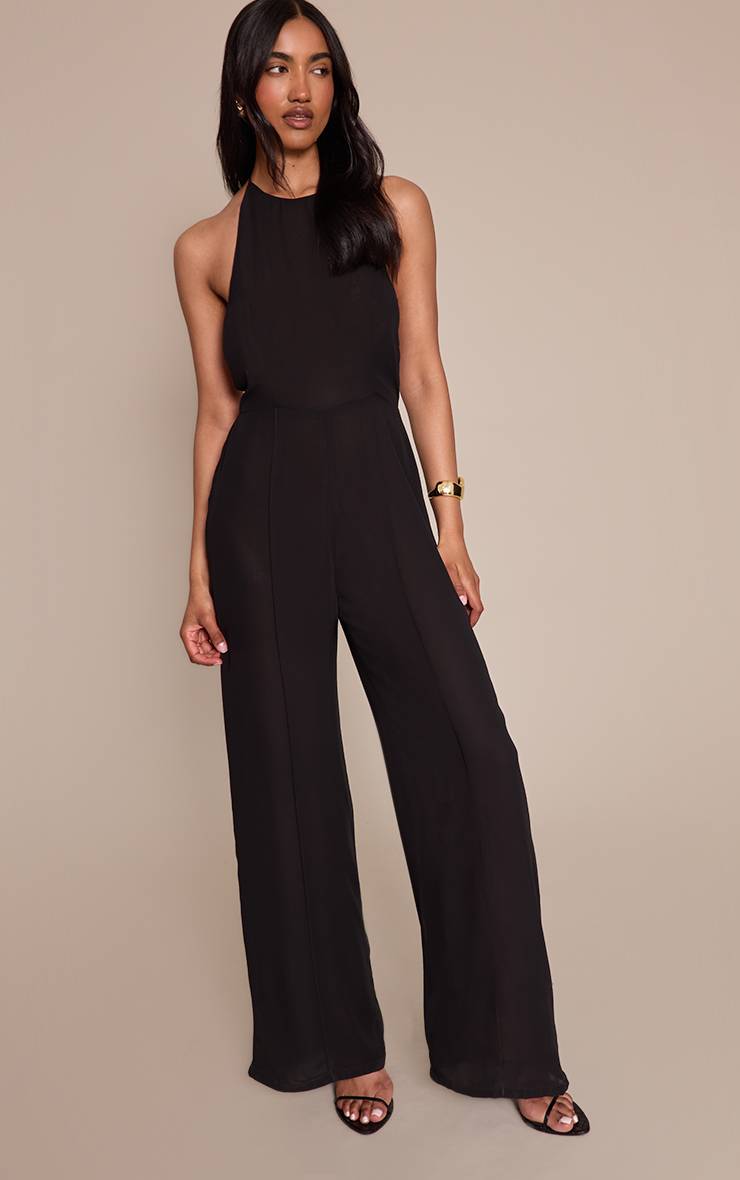 Noir Combinaison Pantalon Droit En Mousseline Col Licou