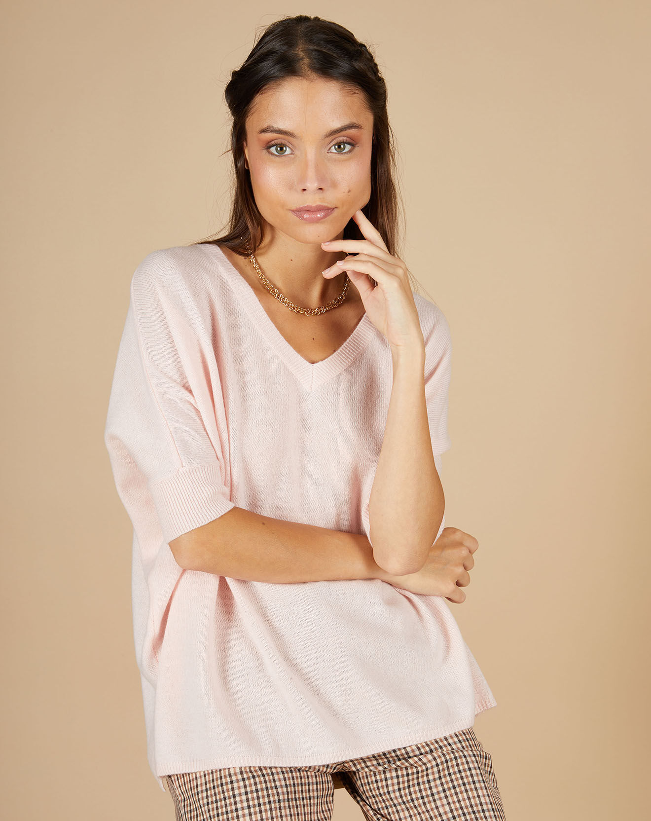 Cashmere Tribu Pull poncho 100% Cachemire Kelly col V manches courtes rose pâle