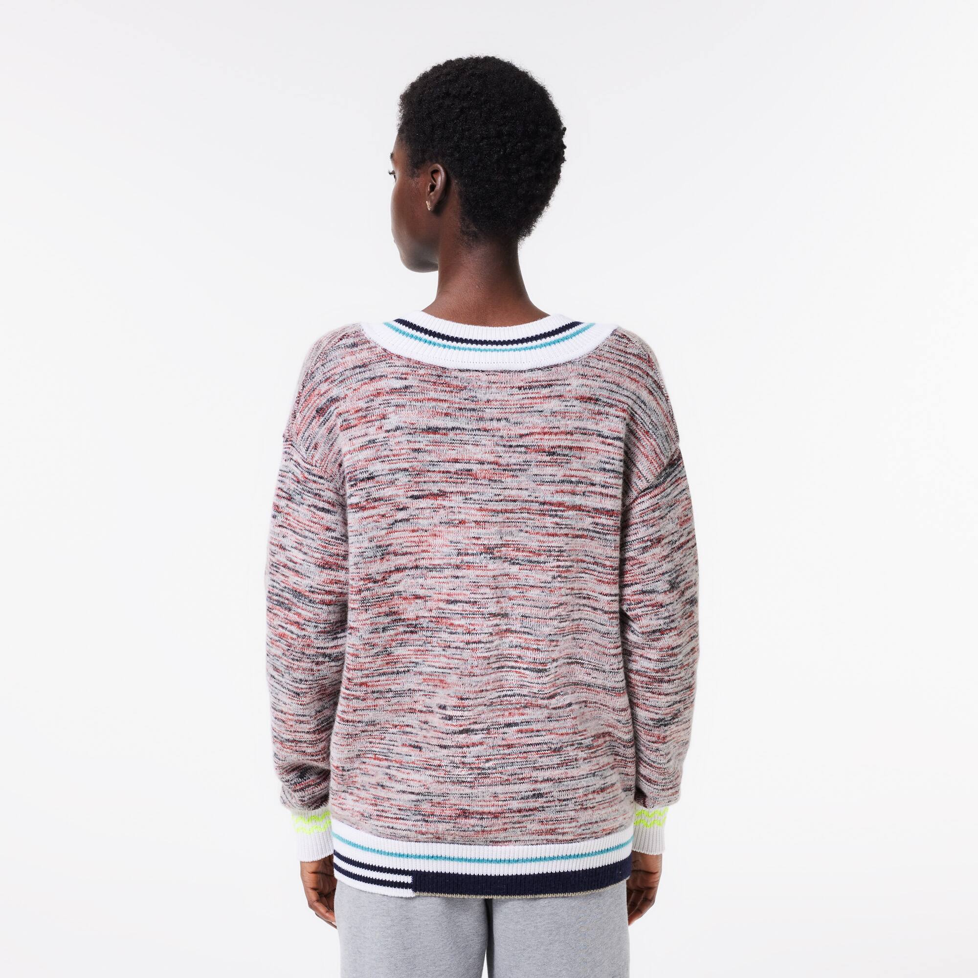 Alpaka-Pullover mit V-Ausschnitt und Kontraststreifen Pullover - Weiss - Lacoste - Damen