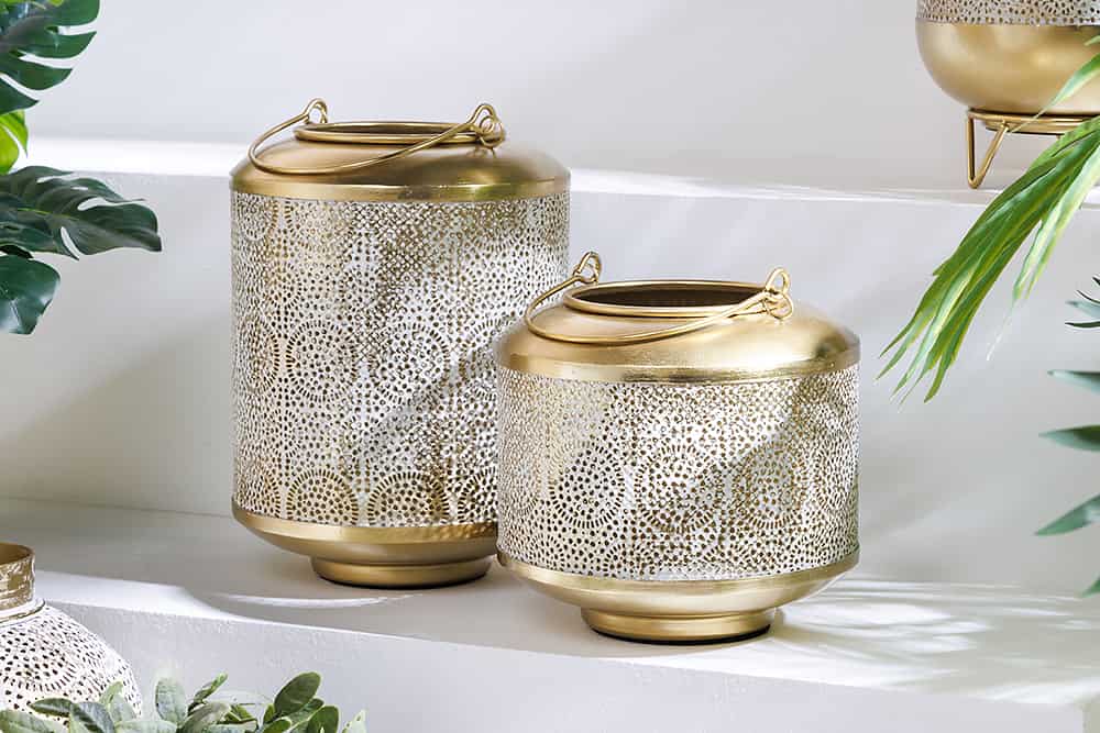 Deko Windlicht ORIENT 20cm gold Metall mit Patina handmade Laterne