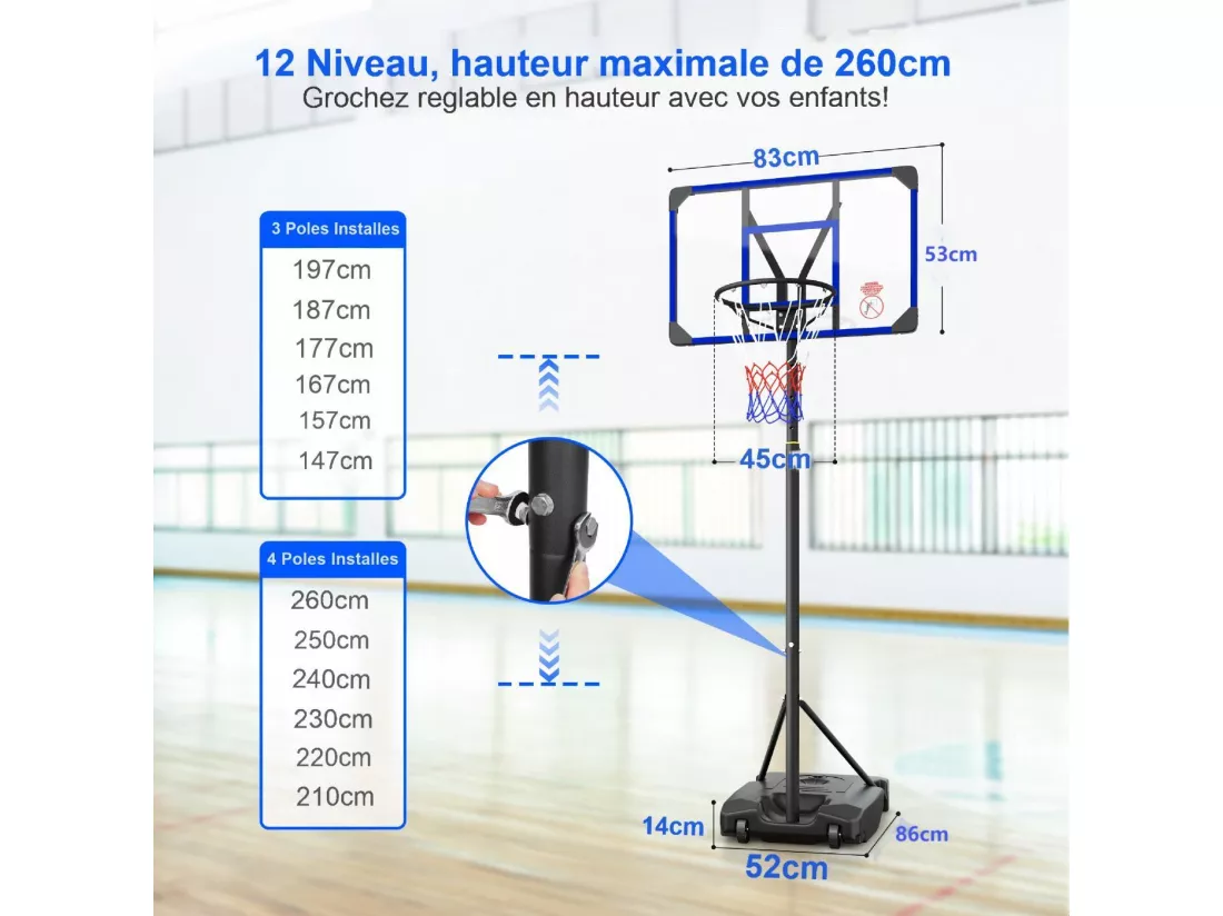 Panier de Basket-Ball, Hauteur Réglable 147-260CM, avec 83x53cm Mur de dos PC et base agrandie, 2 roues, pour Enfant/Adultes - 86x83x260cm