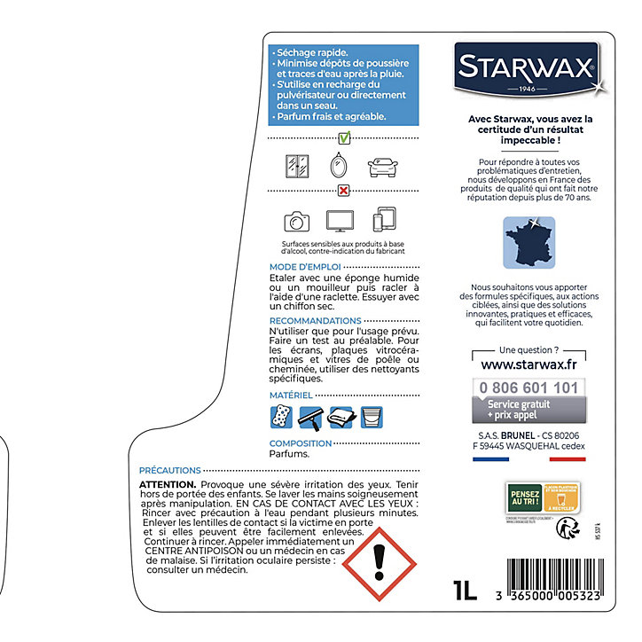 Nettoyant spécial vitres anti-traces à l'alcool Starwax 1L