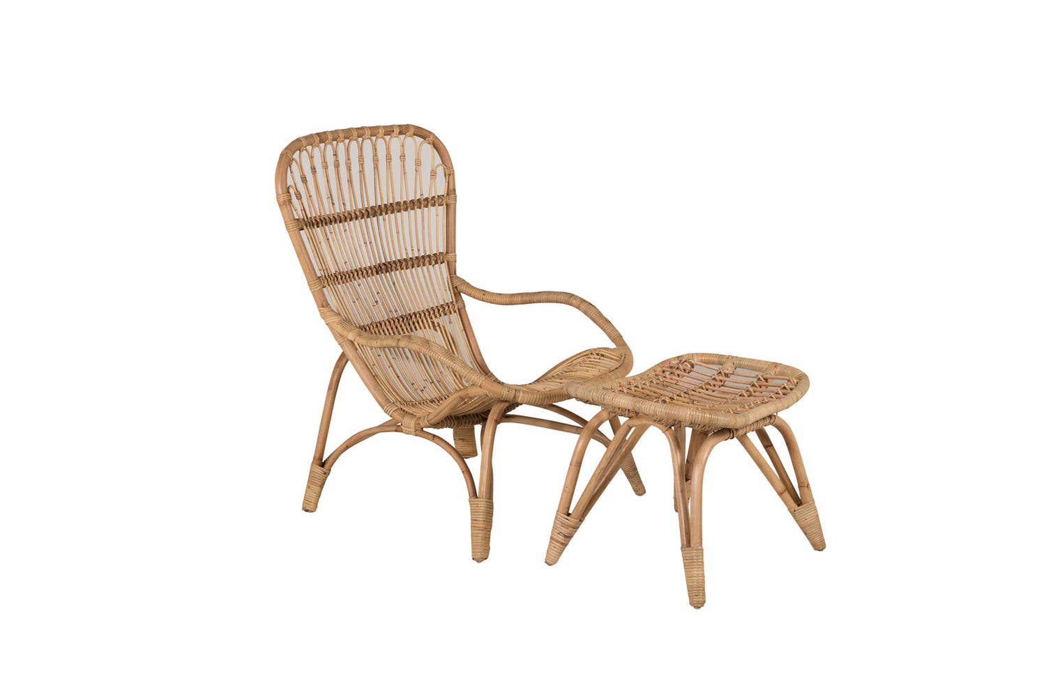 Ella loungestoel met voetenbank, naturel, gebroken wit. 66 x 131 x 95 cm