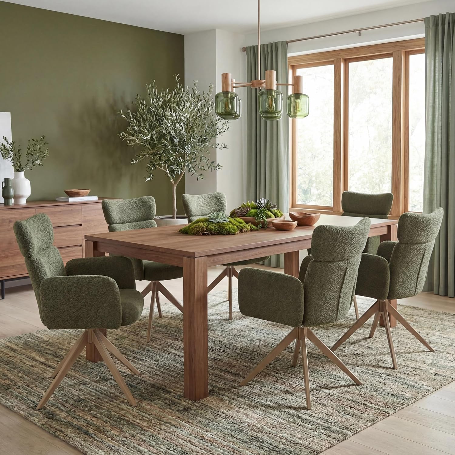 Mendler 6er-Set Esszimmerstuhl HWC-N11, Stuhl, drehbar Auto-Return Stoff Bouclé 350g/m² Öko-Tex - grün, Beine Holz-Optik