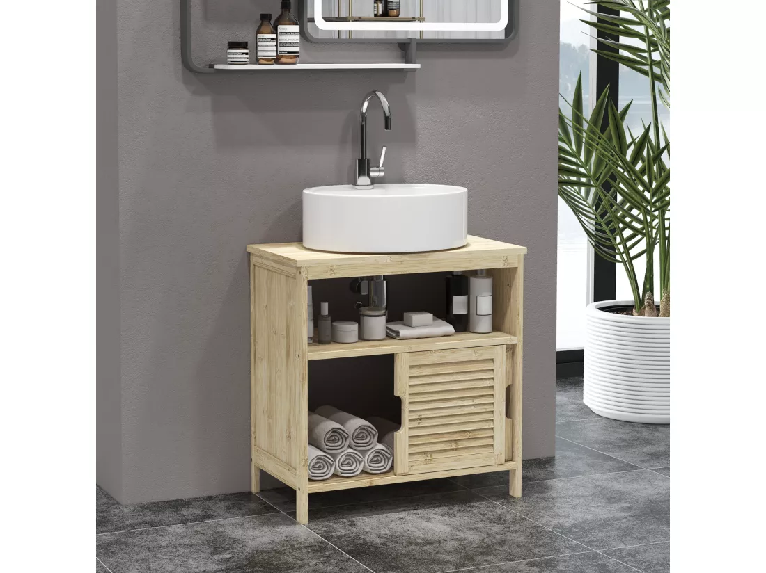 Meuble sous vasque style cosy naturel - 2 portes coulissantes - dim. 60L x 30l x 60H cm - bambou verni