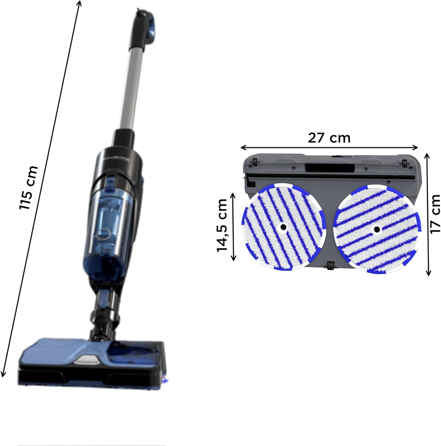 Rowenta X-Combo 2-in-1 Hybrid-Reiniger, Saugen und rotierendes Wischen gleichzeitig, 60 min. Autonomie, Ultra-leichtes Design, 3 Programme, einfacher freihändiger Moppwechsel, Blau-Schwarz, GZ3038