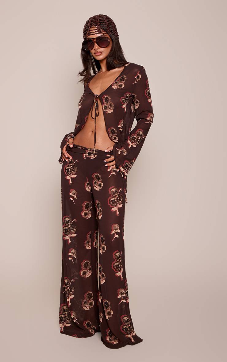 Chocolat Pantalon Large Taille Basse Transparent À Imprimé Floral Petite Taille Avec Haut Assorti