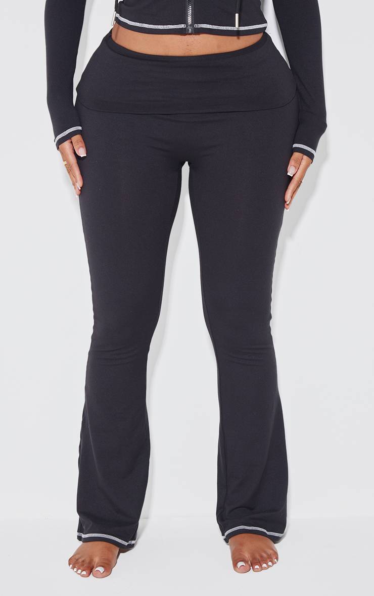 Noir Pantalon Évasé Taille Haute Sculptant Avec Coutures Contrastées