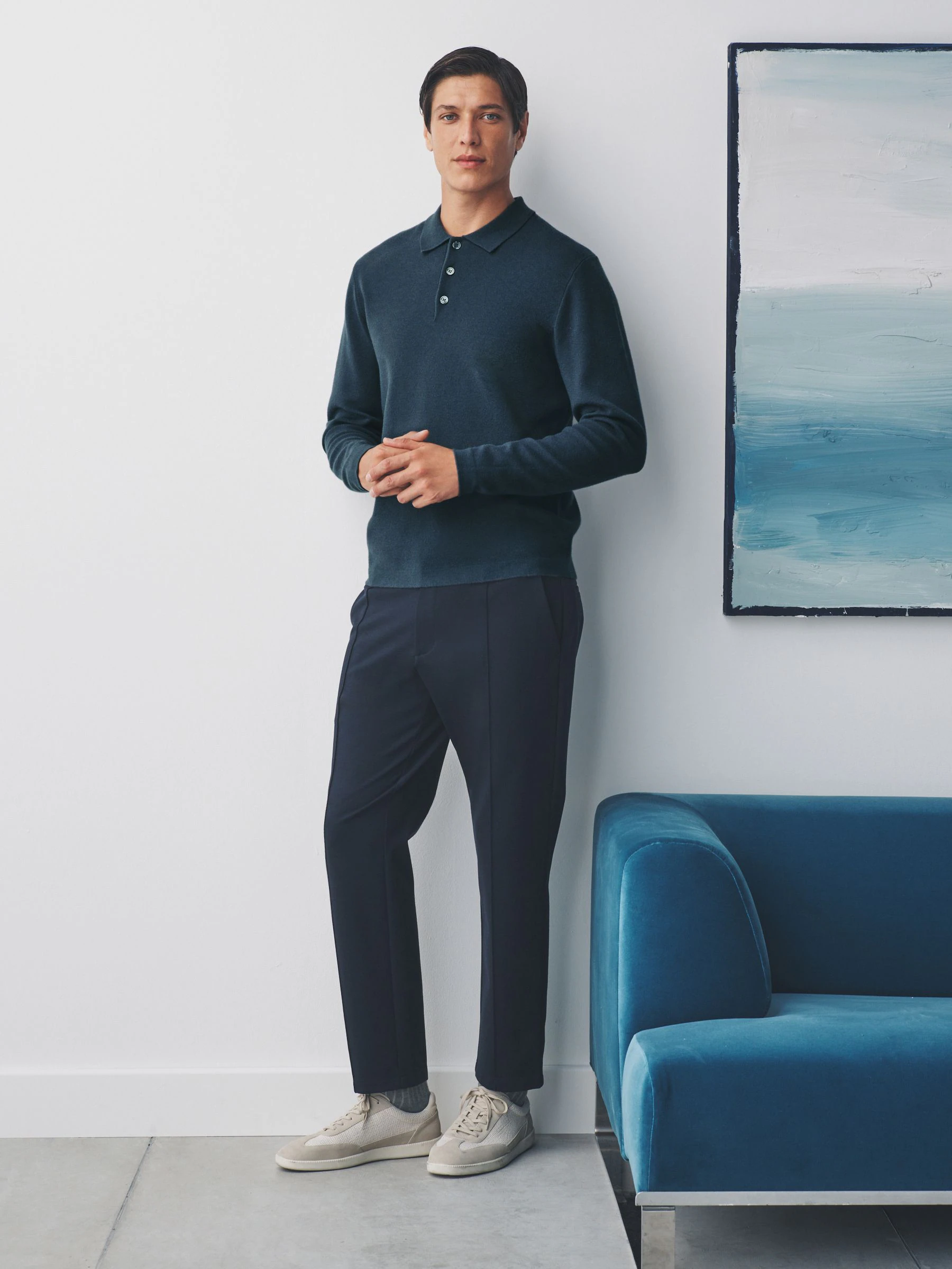 Blauw - Knopen bij de hals - Regular Fit Premium Mid Weight Long Sleeve Knit Polo Shirt