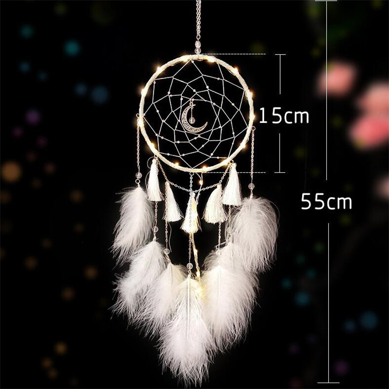 (55x15cm) 20-LED's Feder Traumfänger Boho Home Deko Hygge Lifestyle (Inkl. Batterien) - Grau