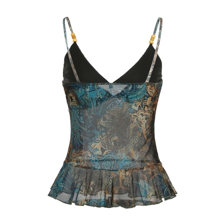Genrovia - V-hals cami-top met patroonprint en ruches van mesh