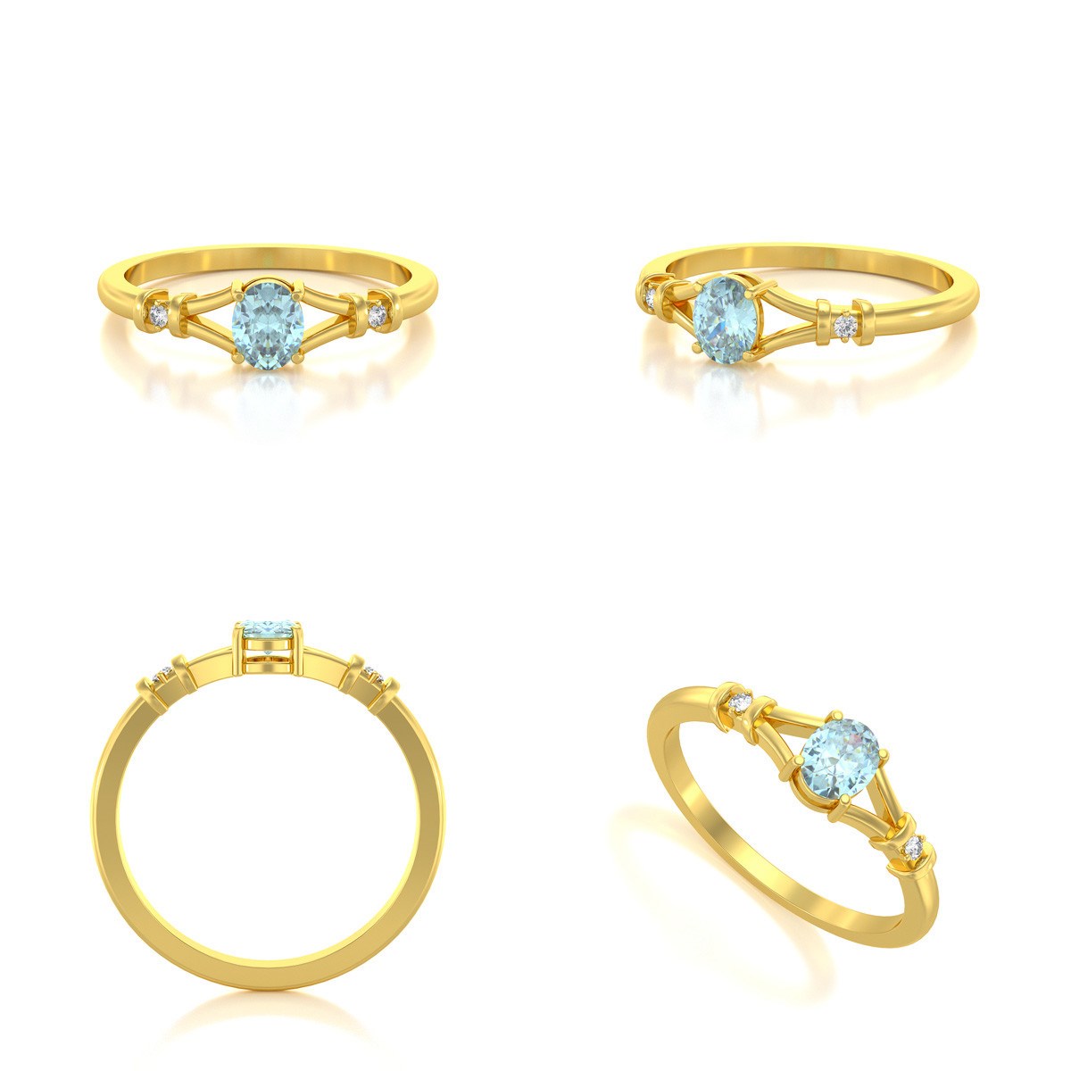 Bague ADEN Or 585 Jaune Solitaire Aigue-Marine et diamants 2.094grs