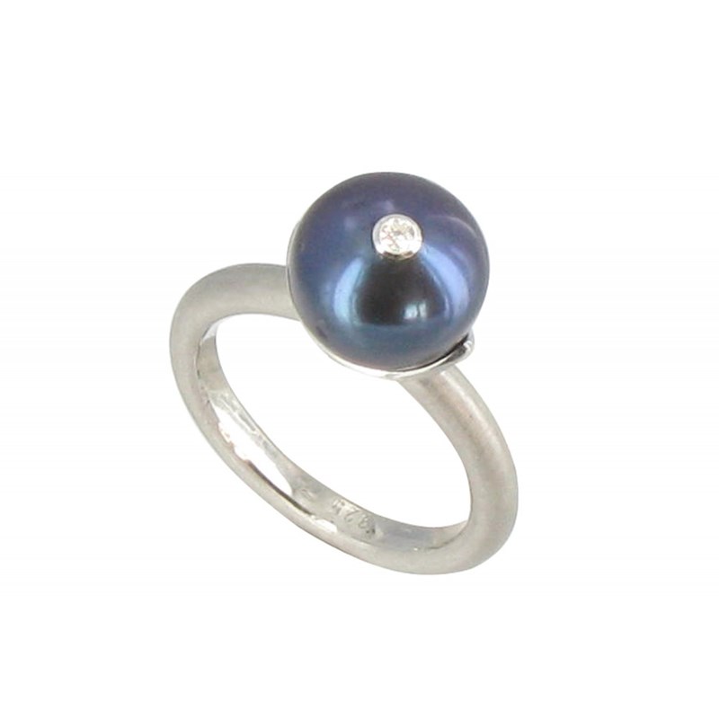 Bague Argent Rhodié Perle de Culture Grise Foncée et son Strass