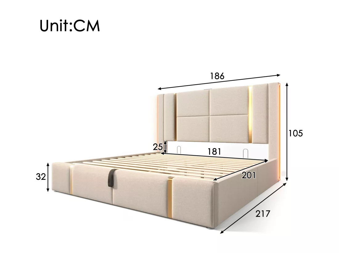 Lit coffre 180 x 200 cm avec tête de lit - Prises USB et Type-C - LEDs - Tissu en lin - Beige (sans matelas)