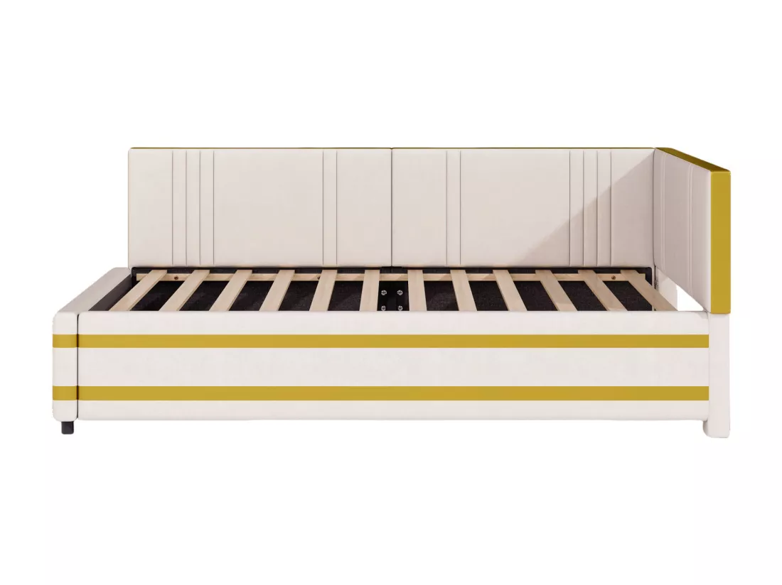 Lit banquette 90x200cm en velours - avec sommier à lattes - Beige (matelas non inclus)