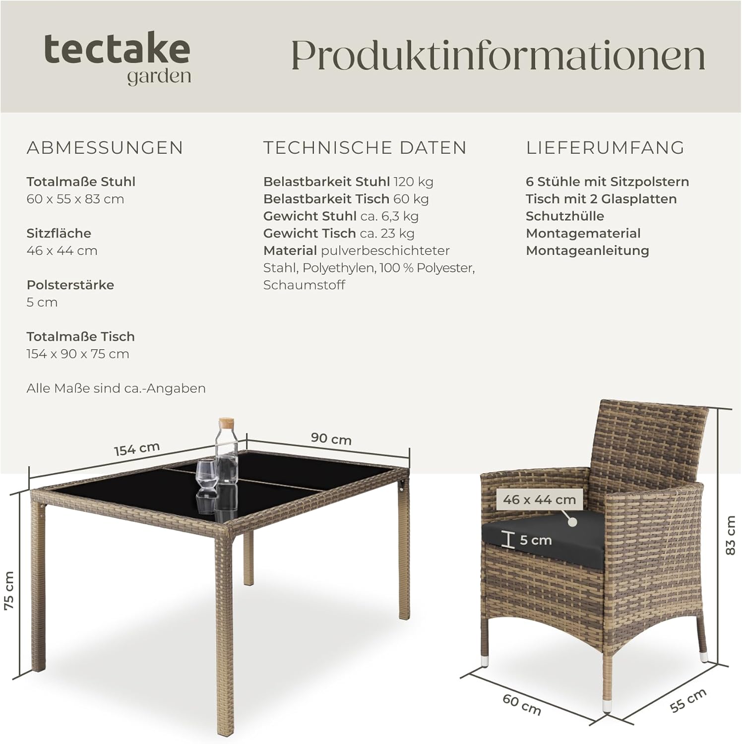 tectake Polyrattan Sitzgruppe für 6 Personen, Balkon Möbel, Gartenmöbel Set mit Tisch und 6 Stühlen, Essgruppe für Garten Terrasse und Balkon, inkl. Sitzkissen und Schutzhülle - Natur/dunkelgrau