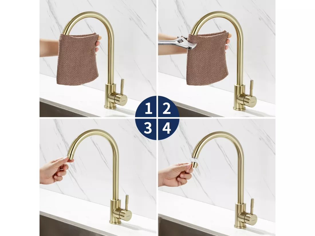 Mitigeur de Cuisine,Doré Brossé,Robinet Evier Rotatif à 360°,Robinet de Cuisine Acier Inox avec Aérateur Démontable,Eau Froide/Chaude,U-Forme