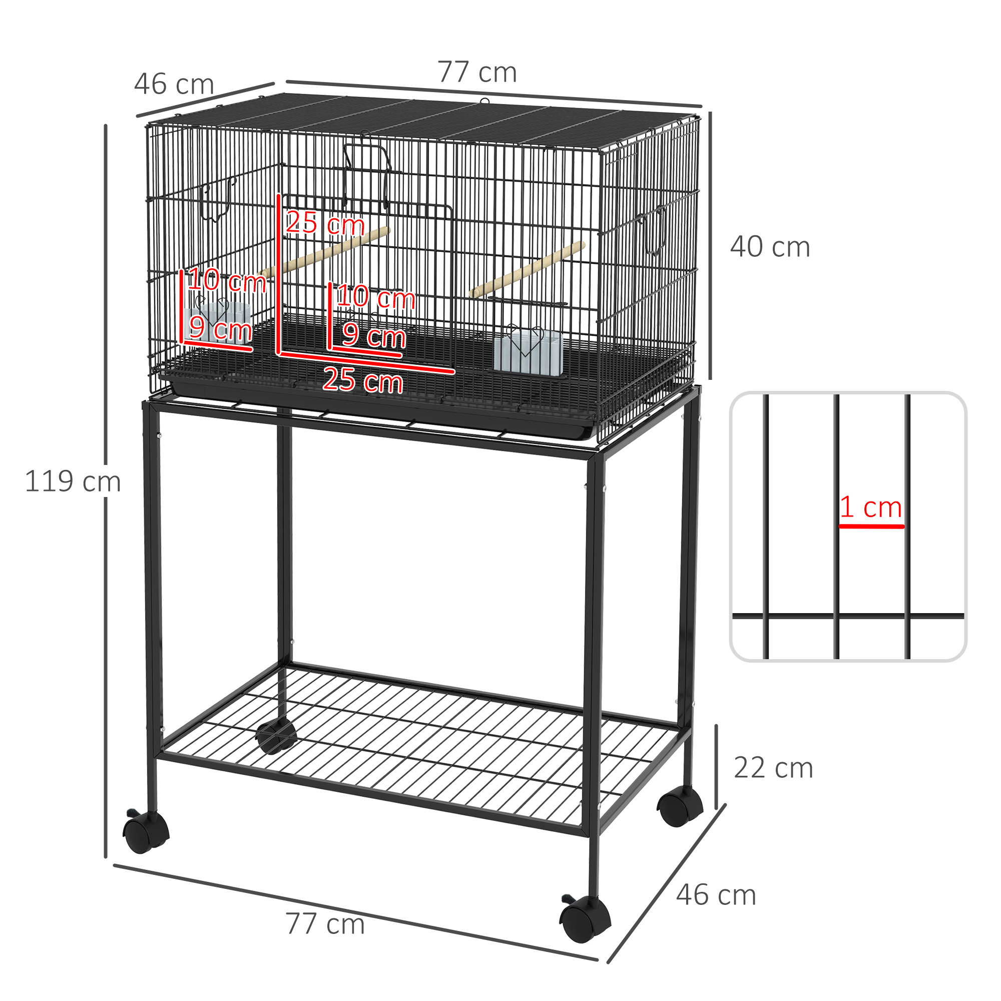 Gaiola para pássaros PawHut com rodas, 77x46x119 cm, em metal, com bandeja removível, 2 poleiros, 2 comedouros e prateleira de armazenamento para periquitos e canários, preta.