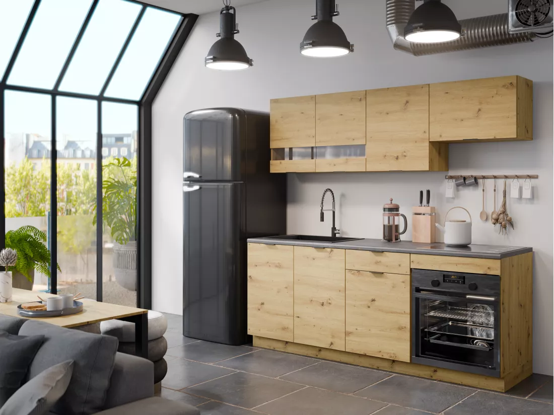 Cuisine complète - Avec plan de travail 200 cm - Naturel et Anthracite - CARMEO