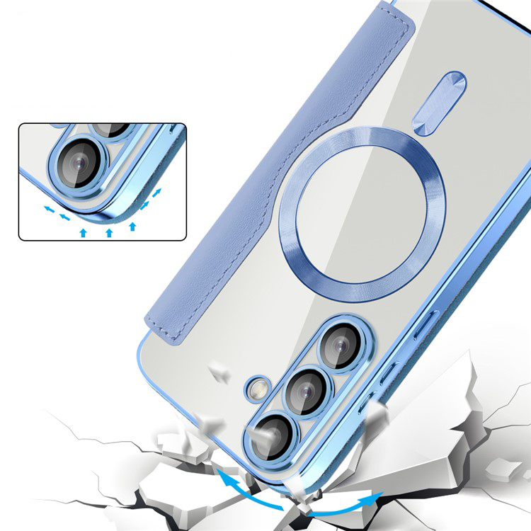 Samsung Galaxy S25 Hybrid Leder Tasche   Kunststoff Rückseite MagSafe-Modul mit Steppmuster (RFID Schutz) - Blau / Transparent