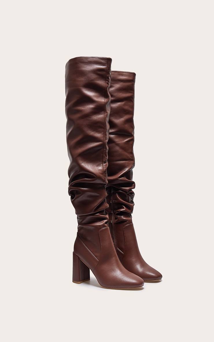 Marron Bottes Cuissardes À Bout Rond Froncées En Synthétiquecuir Avec Talon Bloc