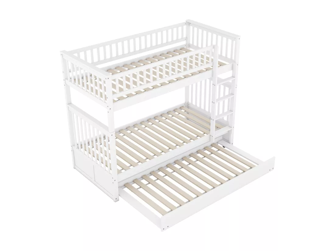 Lits superposés 2 x 90 x 200 cm + lit gigogne 90 x 190 cm - Bois MDF - Blanc - ANTHONY