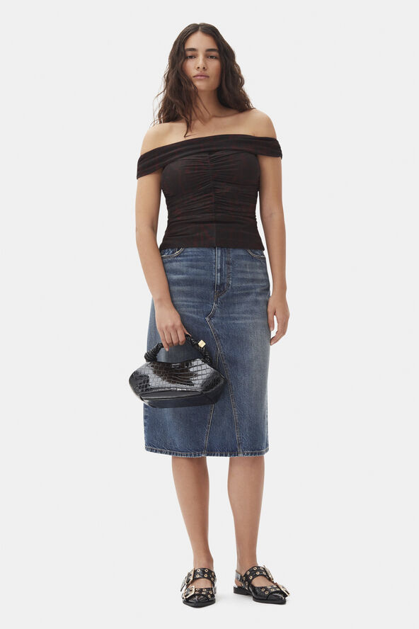 Ganni Heavy Washed Denim Midi Skirt Mid blue vintage
