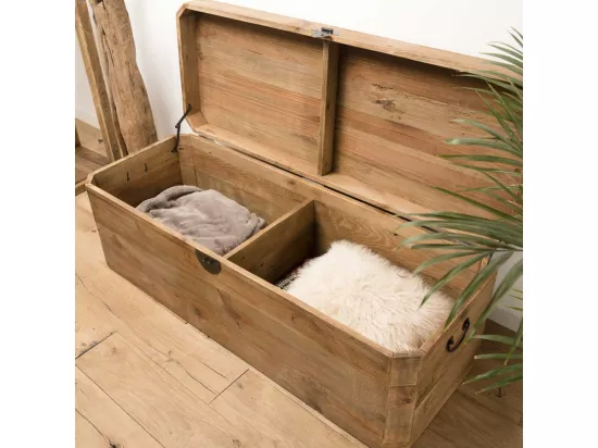 ANDRIAN - Coffre rangement marron bois Pin recyclé poignées métal noir