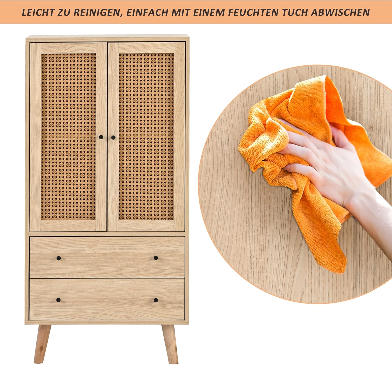 Merax Rattan Sideboard Kommode Wohnzimmer mit 2 Rattantüren und 2 Schubladen, Sideboard Holz Buffet Aufbewahrungsschrank Küchenschrank mit 4 Stauräumen, Eiche/60x40x120cm