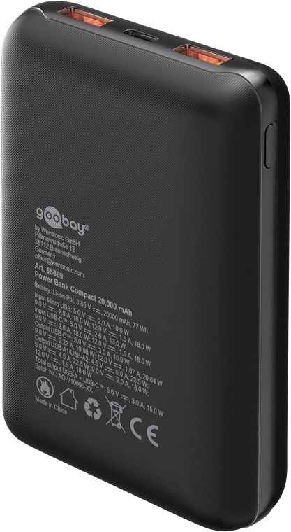 (22.5W) 20000mAh Dual USB A / USB C Powerbank Power Delivery Ladegerät (65869) - Schwarz