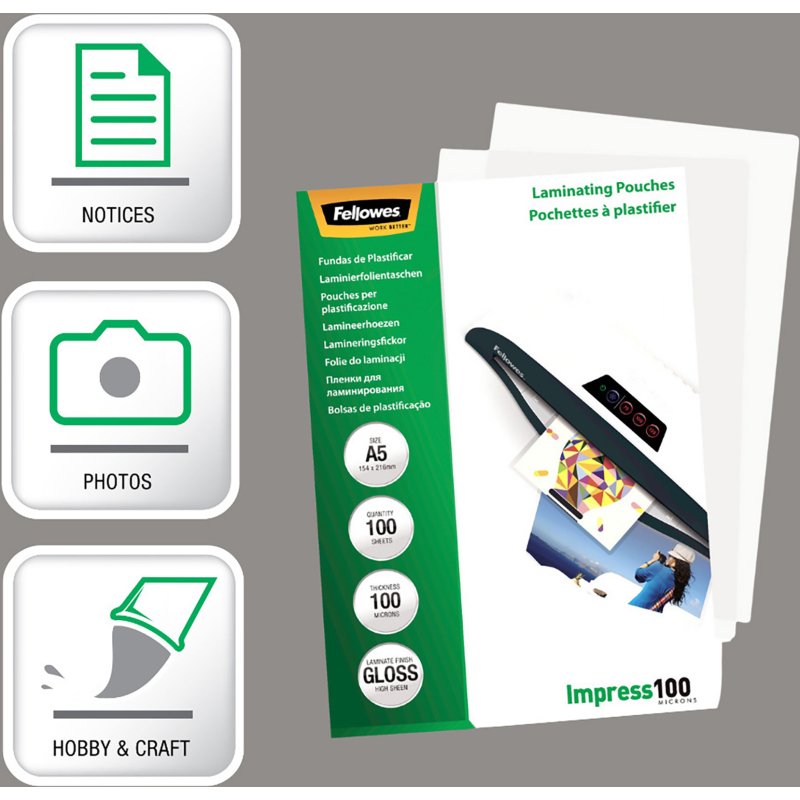 Pochettes de plastification Fellowes A5 2 x 100 µ brillantes - Boite de 100