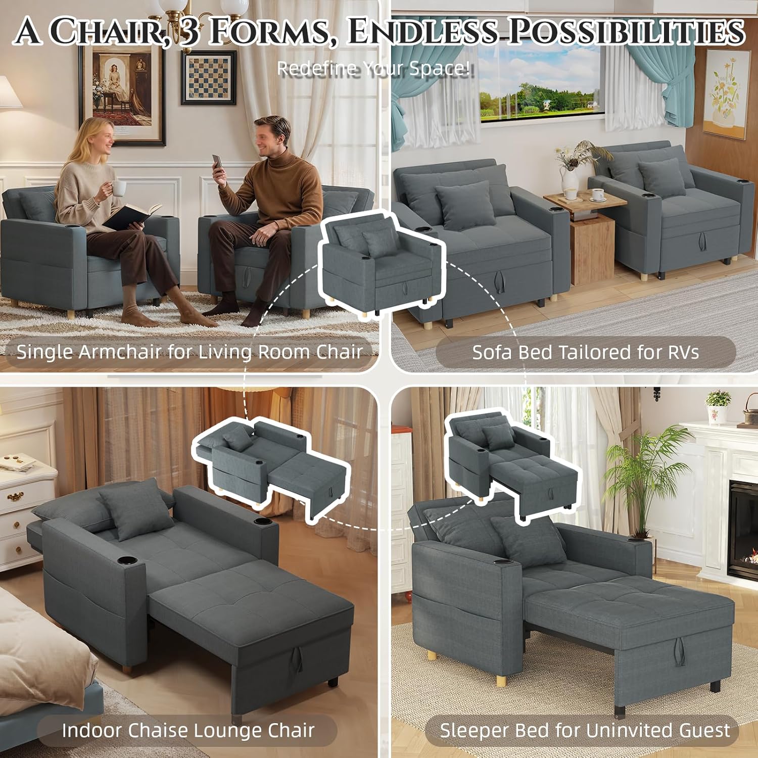 YODOLLA Schlafsessel 3-in-1, Ultrabreiter Klappsessel-Bett mit Verstellbarer Rückenlehne, Getränkehalter & Seitentasche, Einzelsessel Schlafsofa mit Schlaffunktion für Wohnzimmer, Wohnung, Dunkelgrau
