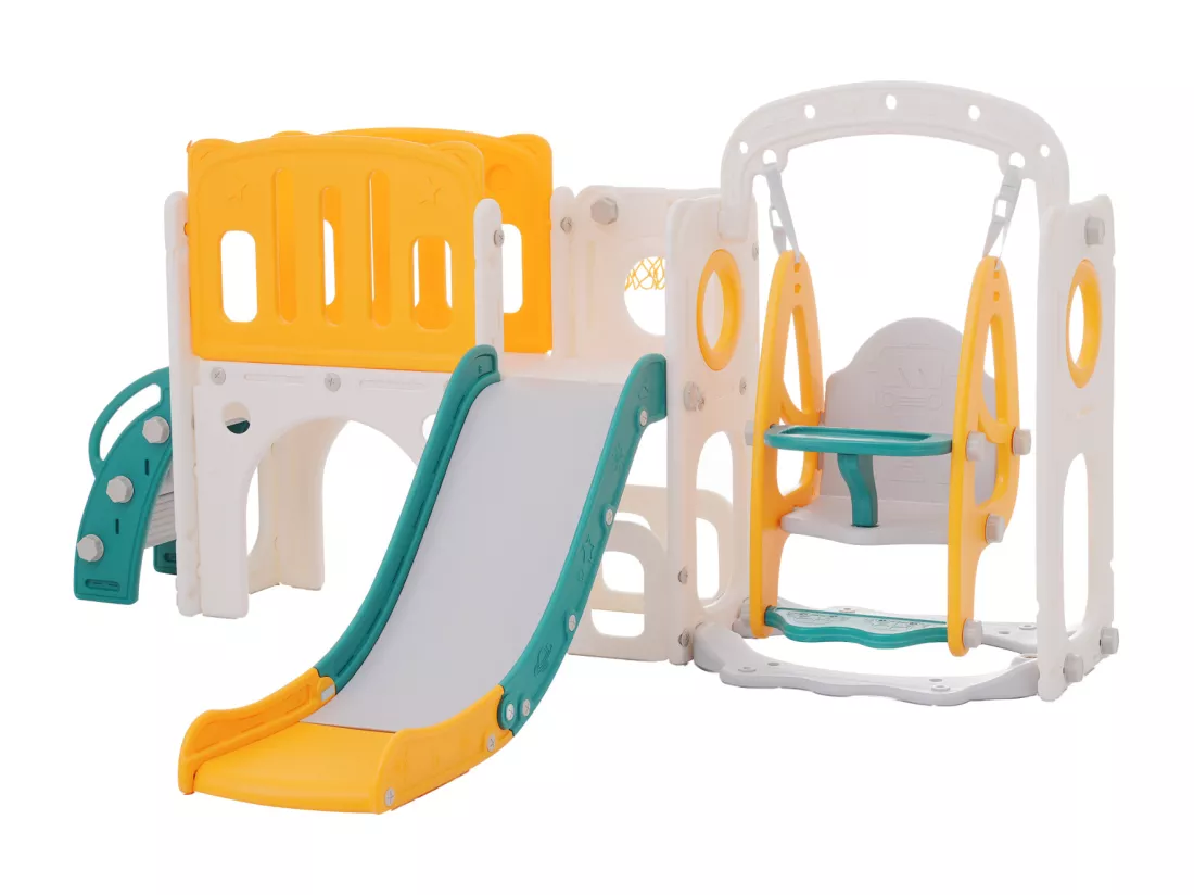 Toboggan 7 en 1 pour enfant, avec balançoire, plate-forme, zone de rangement, arcade, panier de basket, escalier, PEHD, vert+jaune