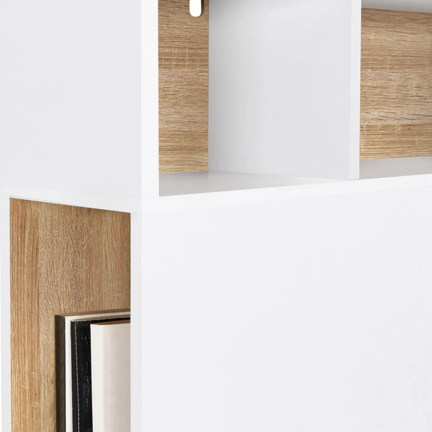 Tête de lit sur pied CLEO 165 cm avec rangements fermés et niches blanc et façon hêtre