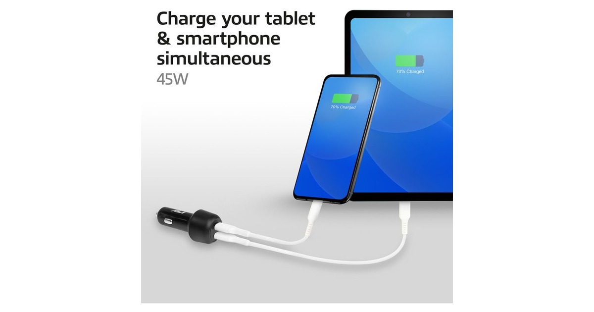 ACT Connectivity2-poorts USB-C Fast Charge Autolader 45W met Power Delivery  (Zwart)