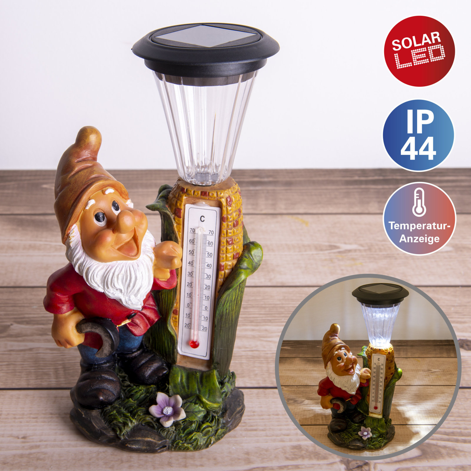 LED-Deko-Solarleuchte ZWERG - bunt - mit Thermometer
