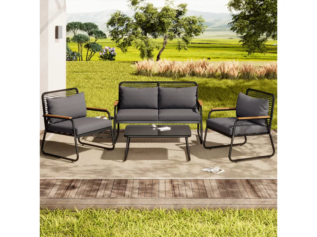Salon de jardin pour 4 personnes, structure en fer galvanisé, pieds réglables, 1 canapé - 2 fauteuils et 1 table basse, noir
